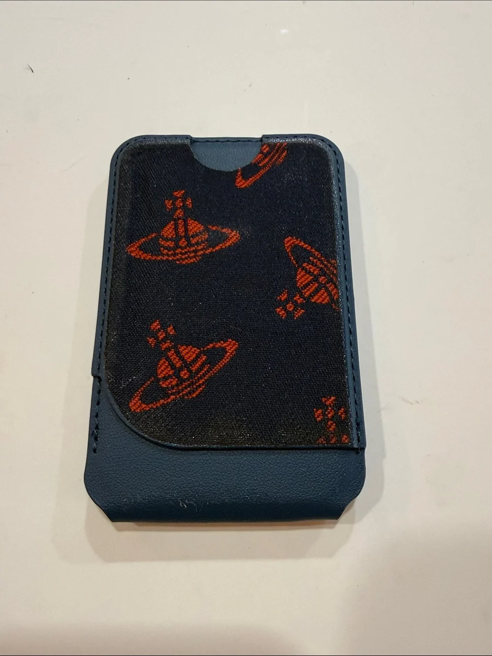 Upcycled Vivienne Westwood Black and Orange Planet Motif Card Phone Sleeve